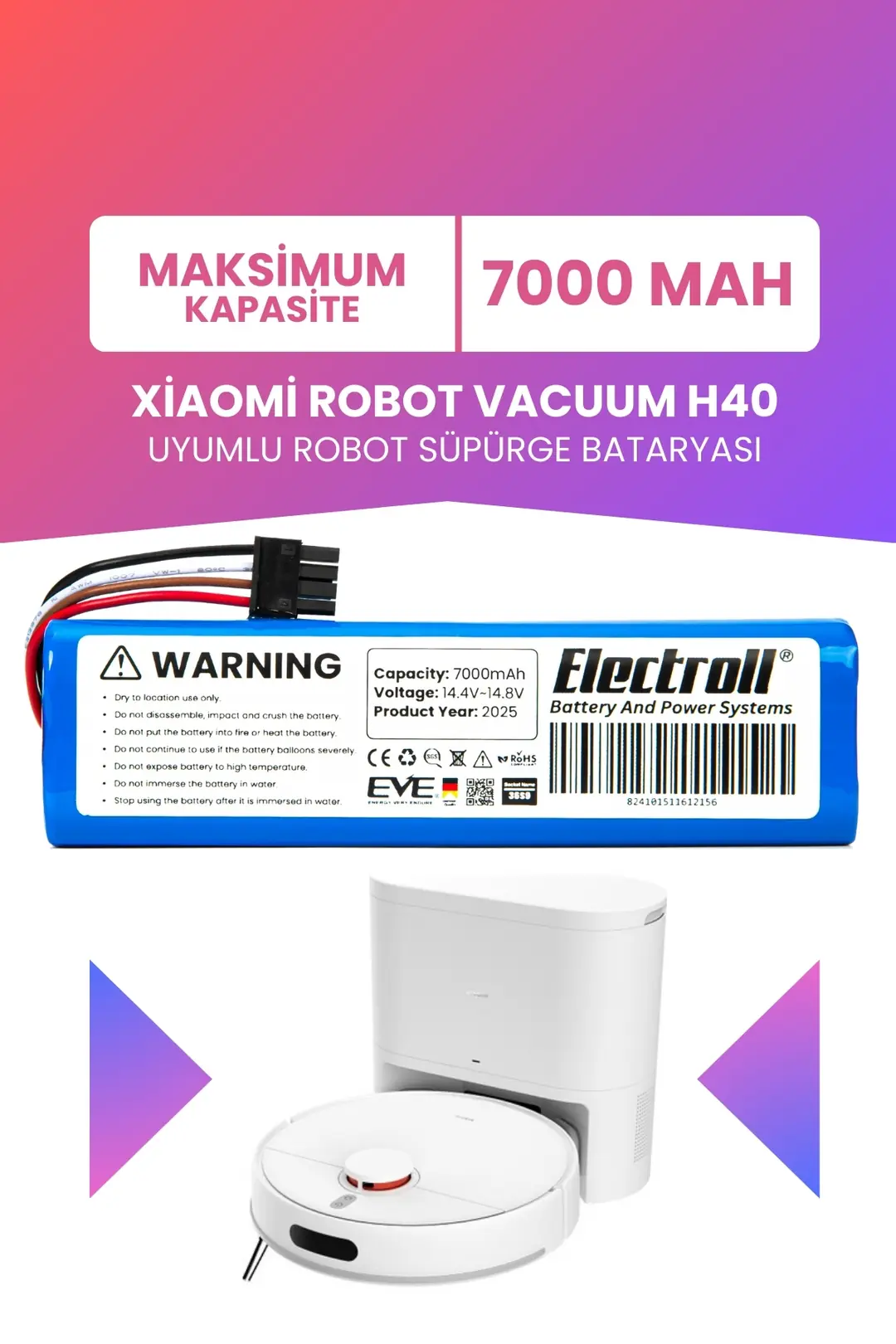Xiaomi Robot Vacuum H40 Uyumlu Batarya 7000mah