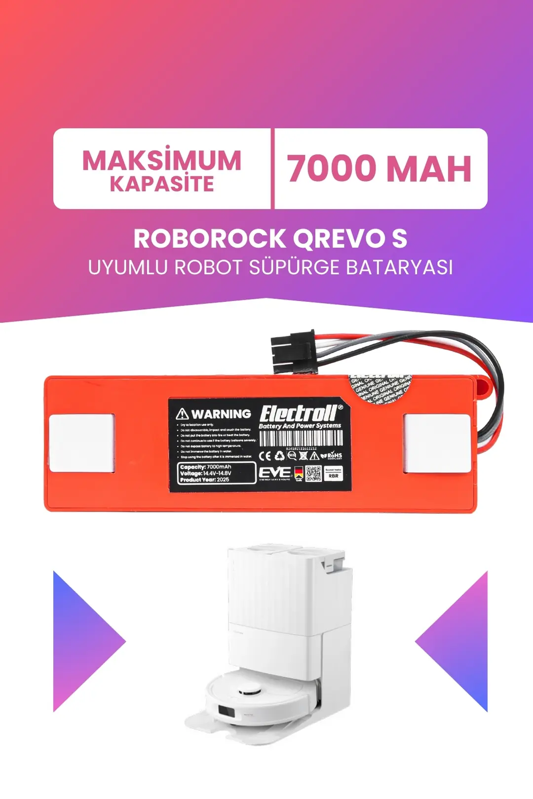 Roborock Qrevo Edge 5V1 Uyumlu Batarya 7000mah Pil Robot Süpürge Batarya