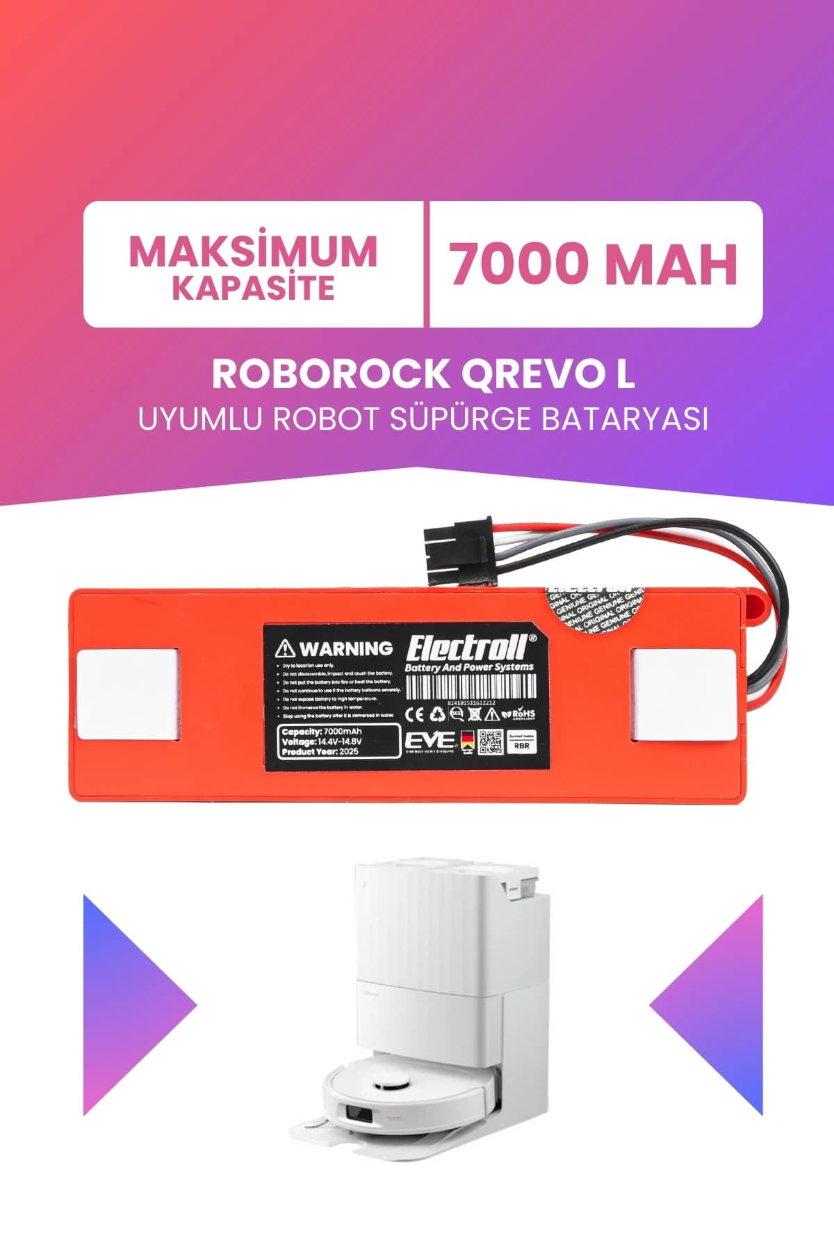 Roborock Qrevo CurvX Uyumlu Batarya 6400mah Robot Süpürge Batarya