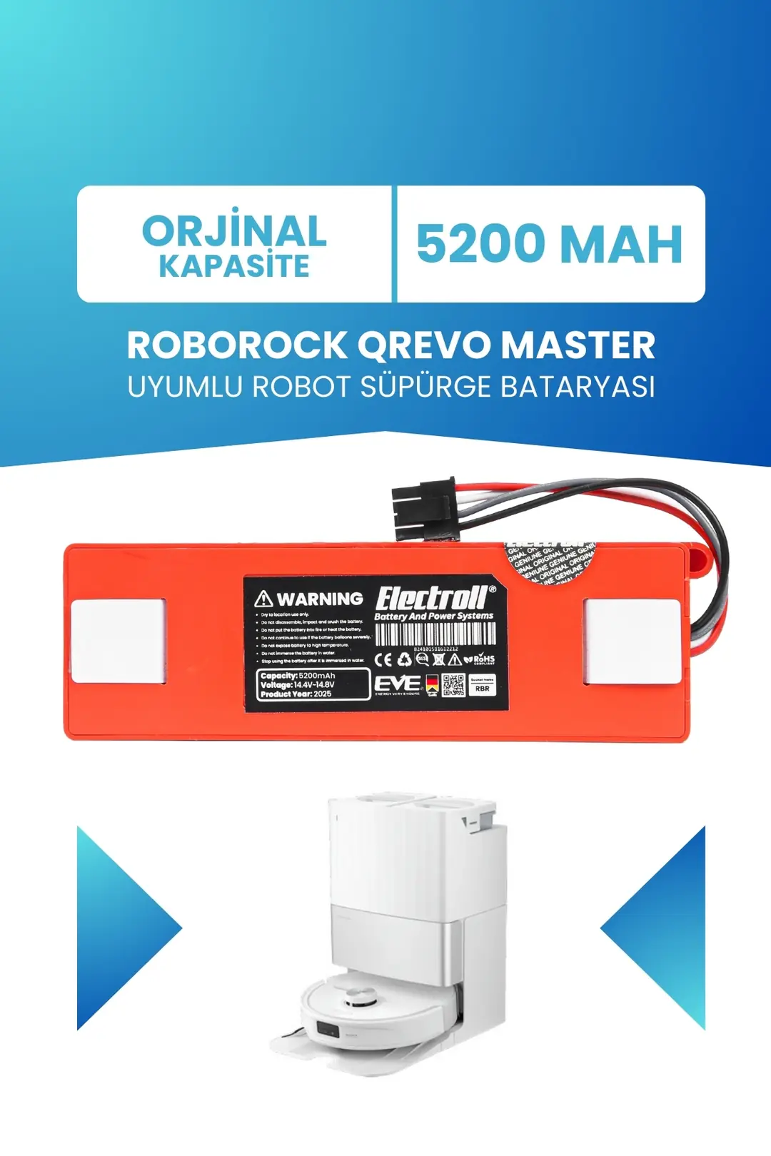 Roborock Qrevo Master Uyumlu Batarya (STANDART KAPASİTE) 5200mah Robot Süpürge Bataryası