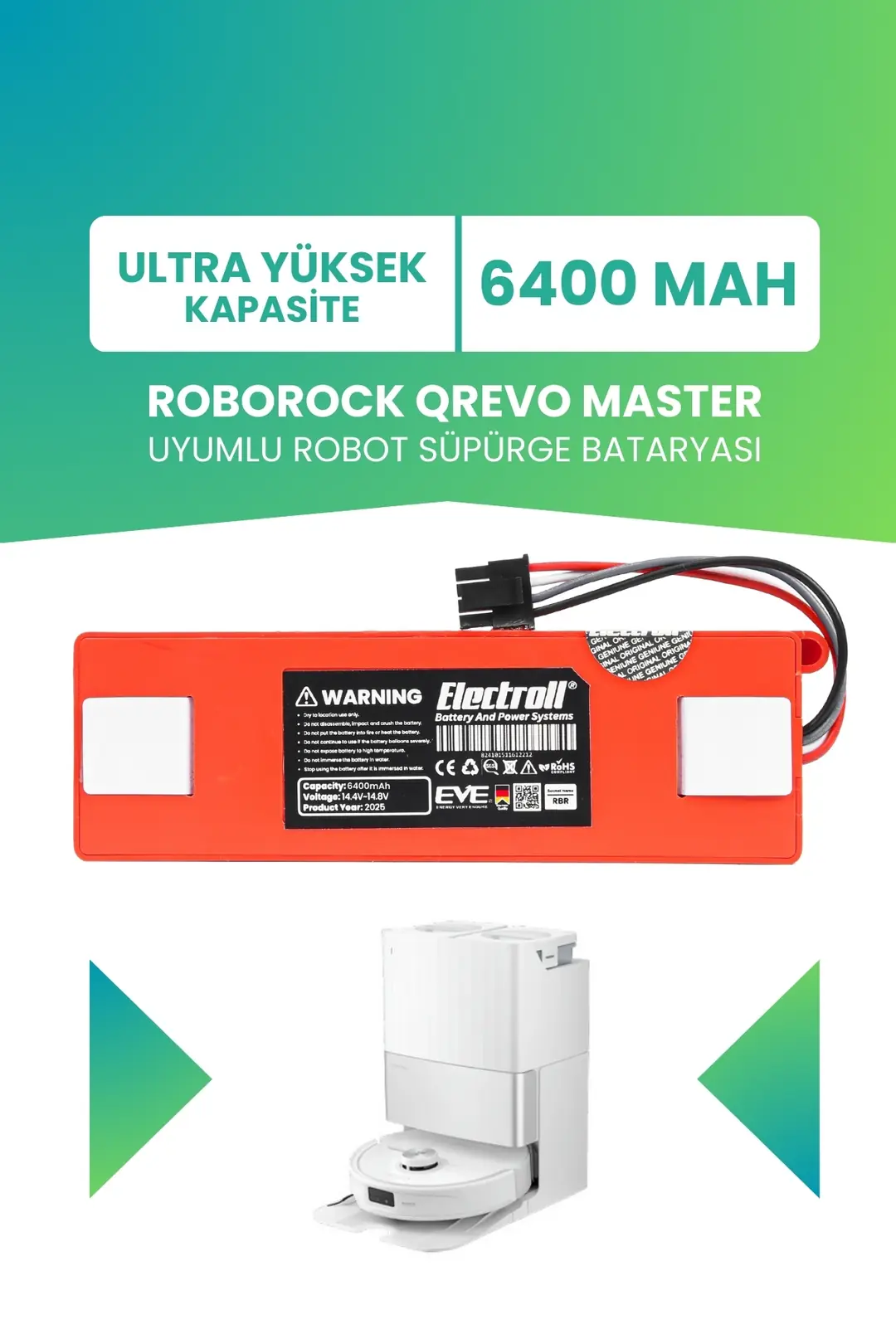Roborock Qrevo Master Uyumlu Batarya 6400mah Robot Süpürge Bataryası