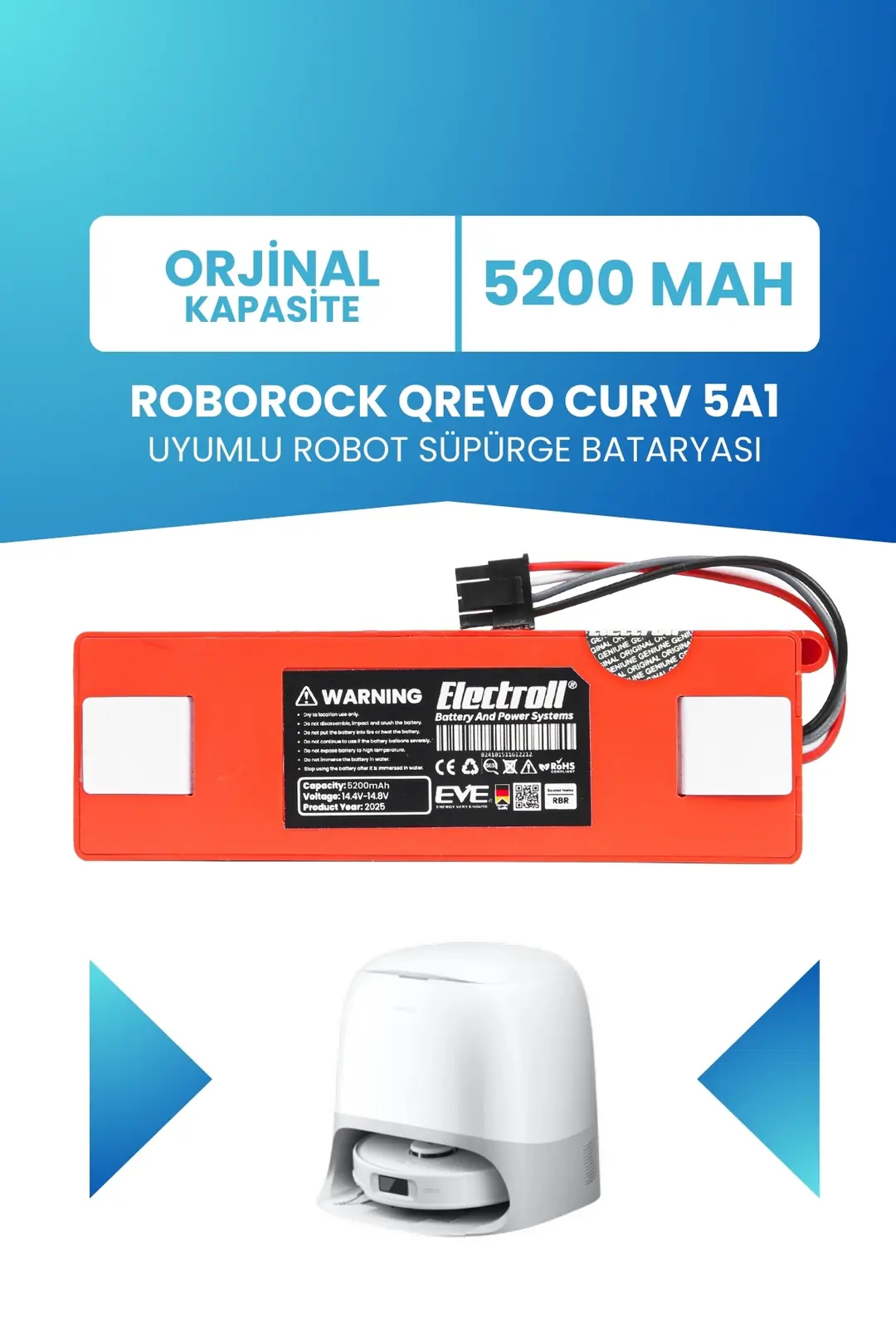 Roborock Qrevo Curv 5A1 Uyumlu Batarya 5200mah Robot Süpürge Bataryası