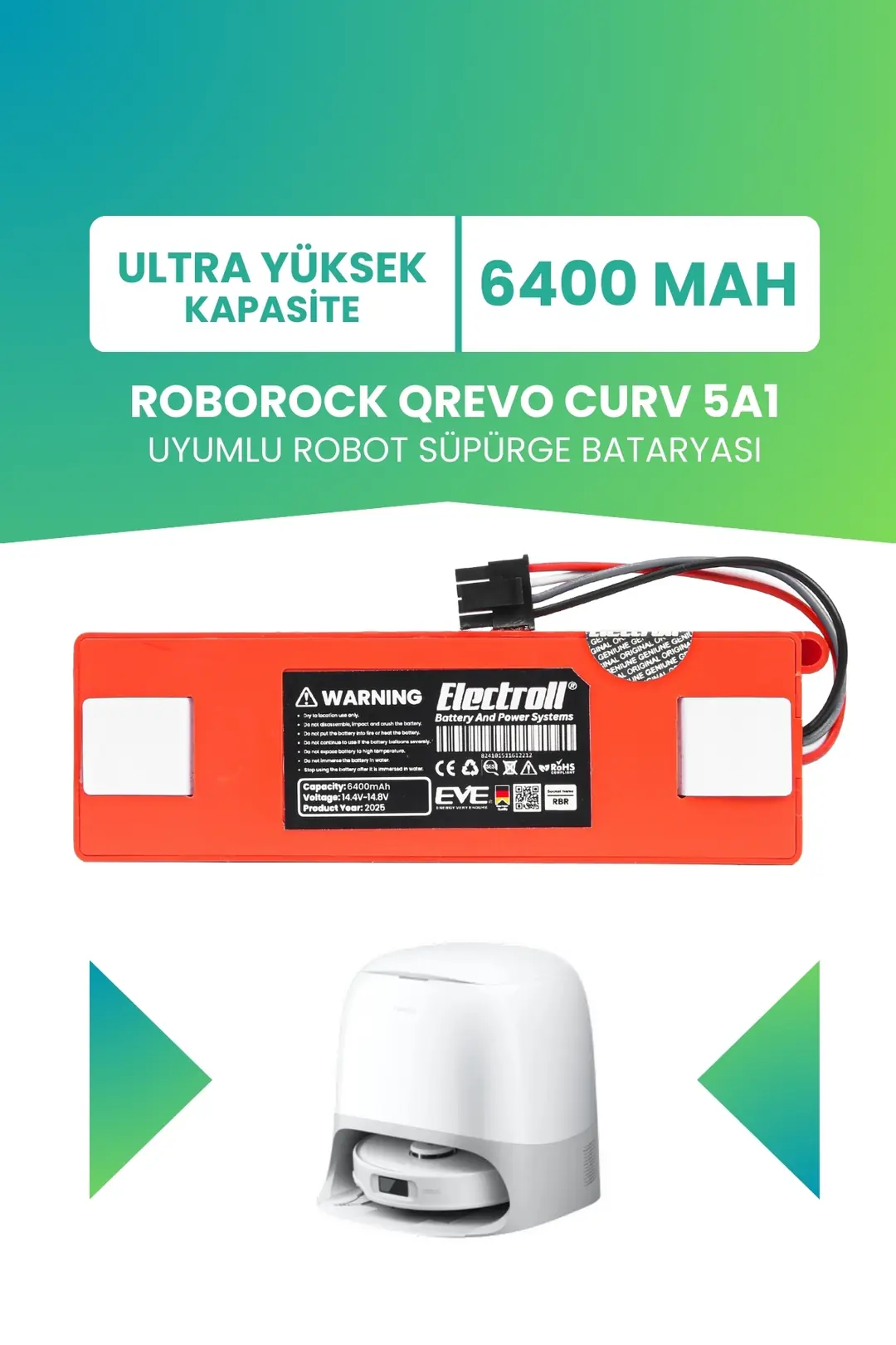 Roborock Qrevo Curv 5A1 Uyumlu Batarya 6400mah Robot Süpürge Bataryası