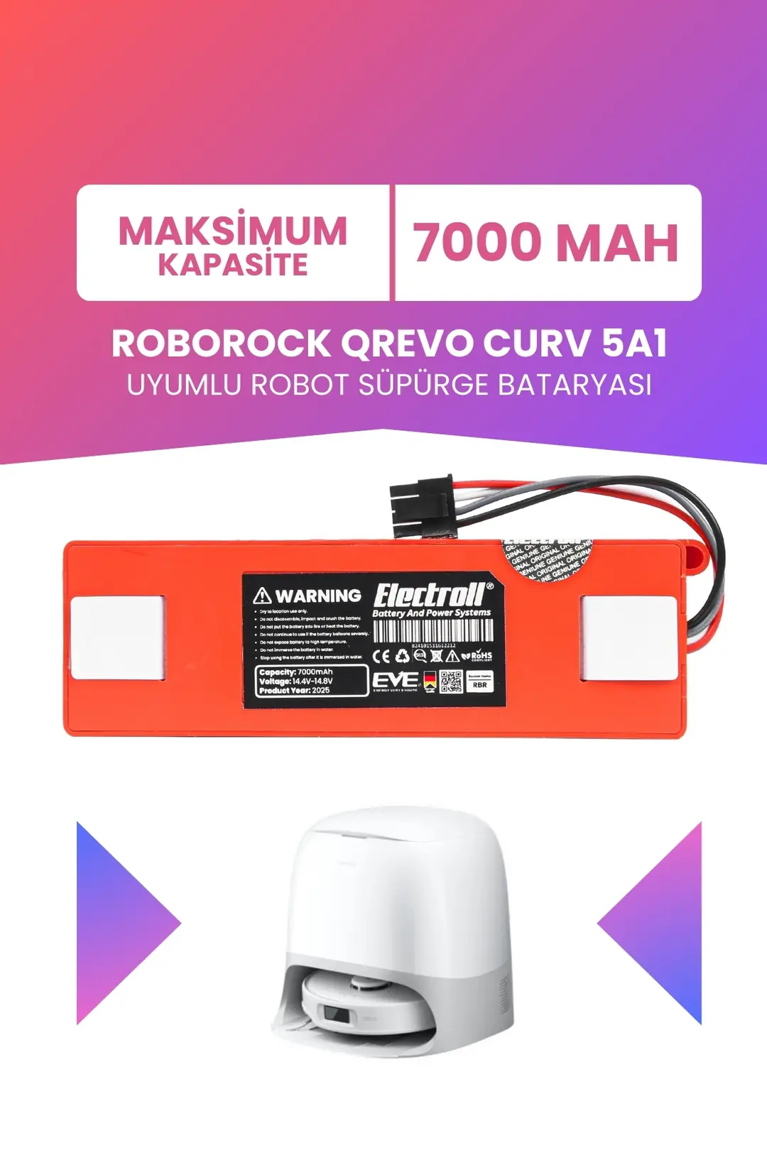 Roborock Qrevo Curv 5A1 Uyumlu Batarya 7000mah Pil Robot