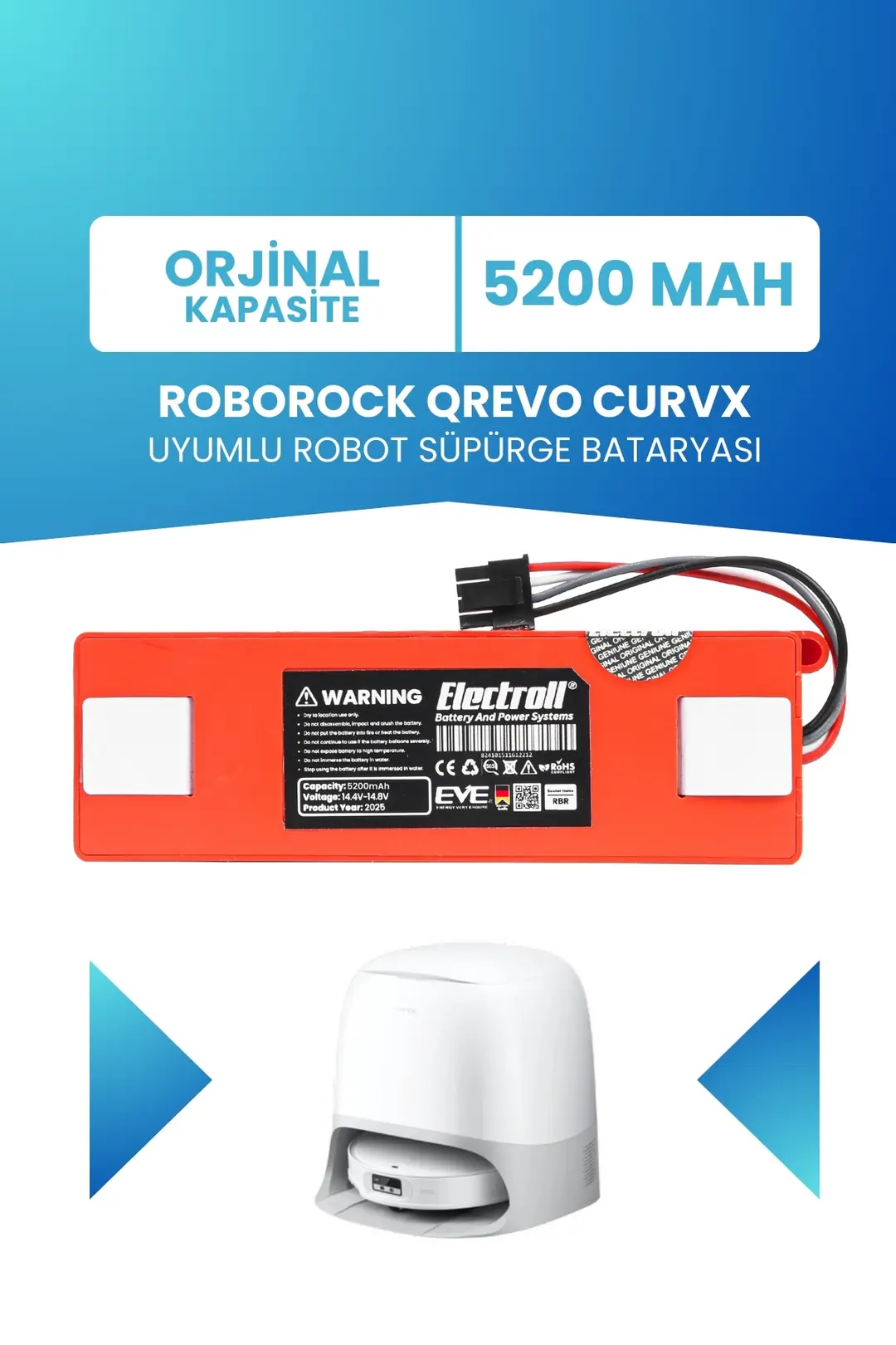 Roborock Qrevo CurvX Uyumlu Batarya 5200mah Robot Süpürge Bataryası