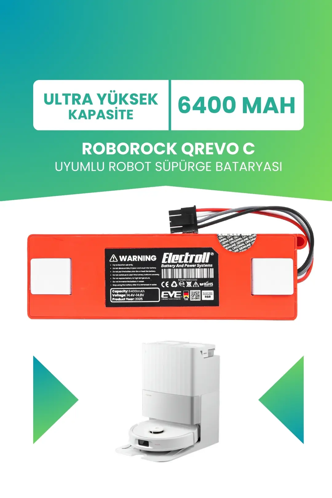 Roborock Qrevo C Uyumlu Batarya 6400mah Robot Süpürge Bataryası