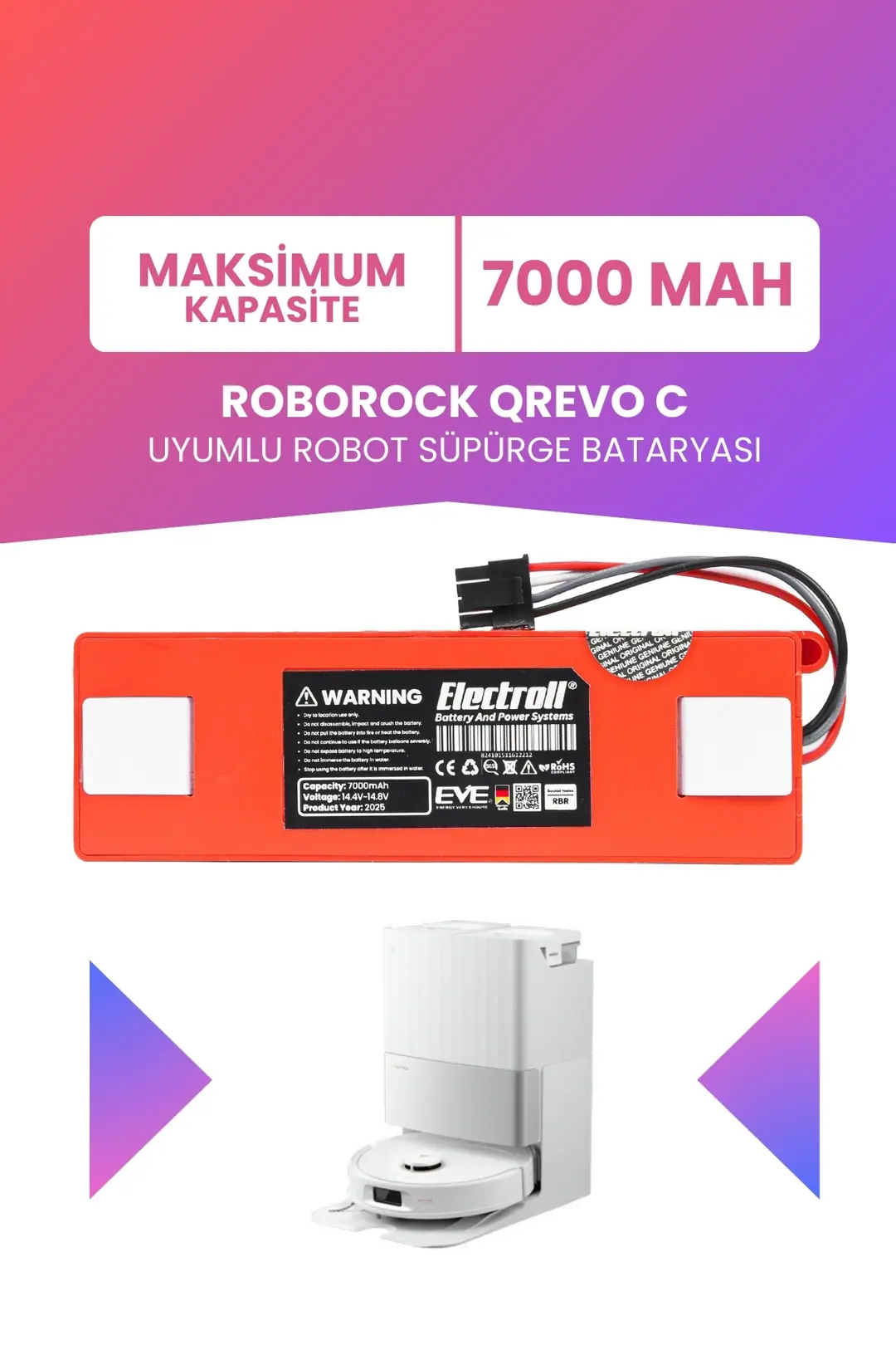 Roborock Qrevo C Uyumlu Batarya 7000mah Pil Robot Süpürge Bataryası