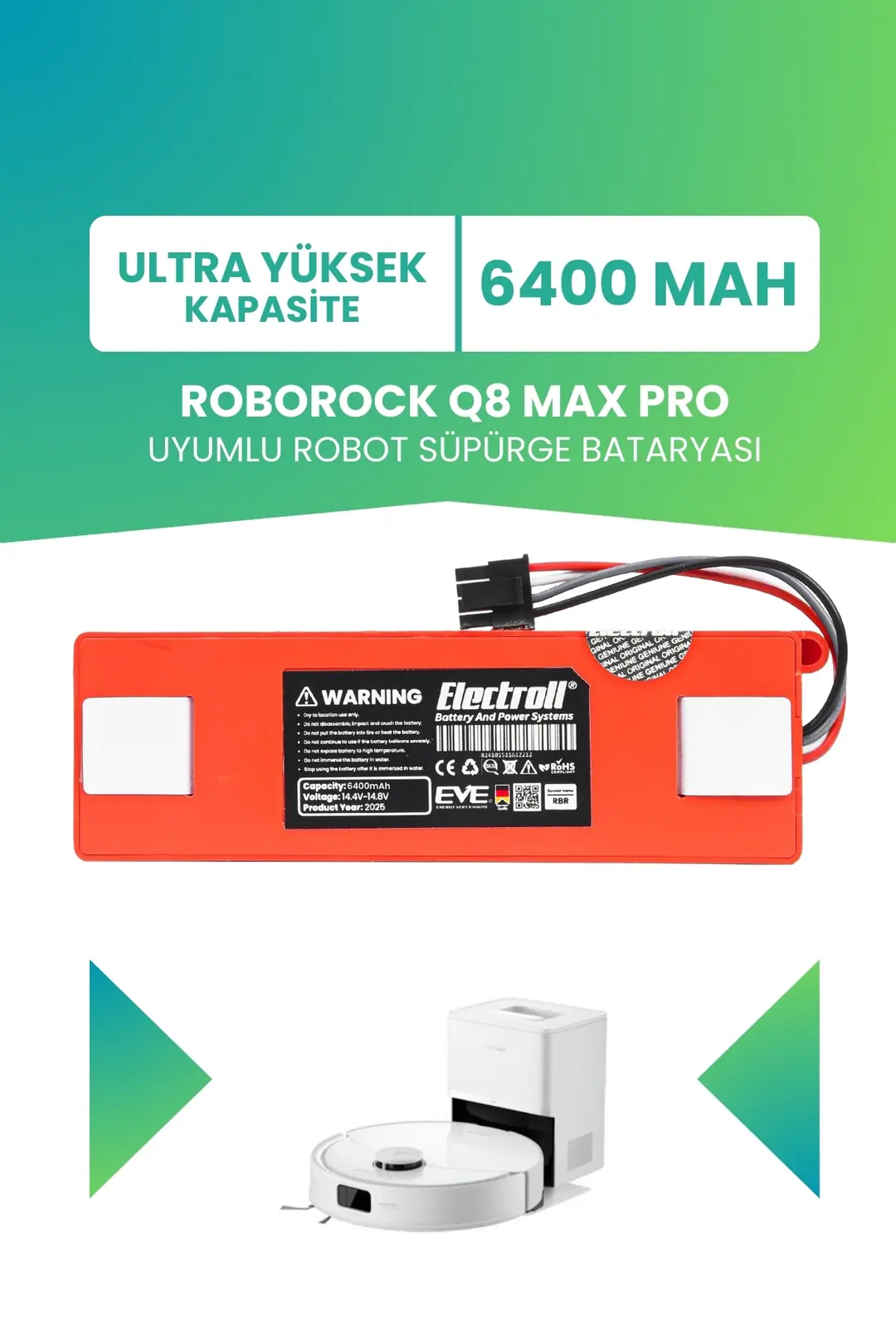 Roborock Q8 Max Pro Uyumlu Batarya 6400mah Robot Süpürge Bataryası