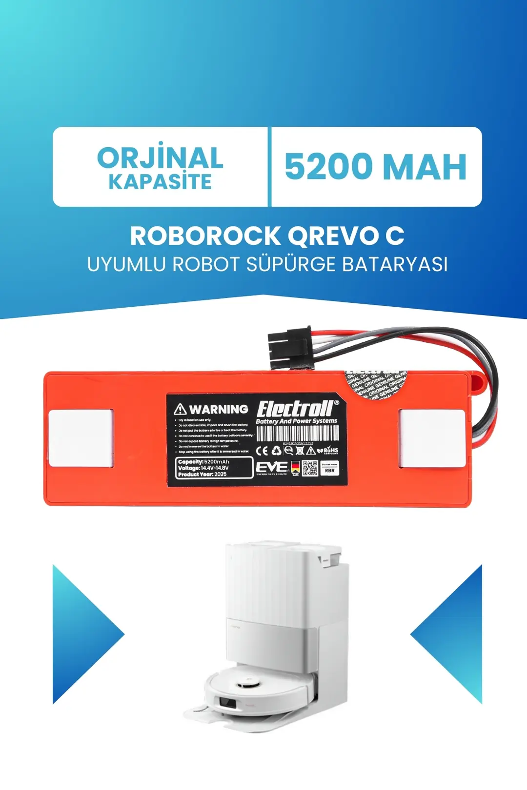 Roborock Qrevo C Uyumlu Batarya 5200mah Robot Süpürge Bataryası